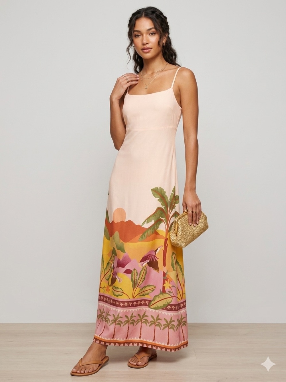 Paper Heart Tropical Scenic Maxi Dress Palm Tree Sunset Print Sleeveless LARGE